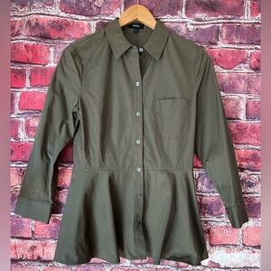 Theory Eyodis Pearce Button-Down Peplum Top - Fir Green - NWT